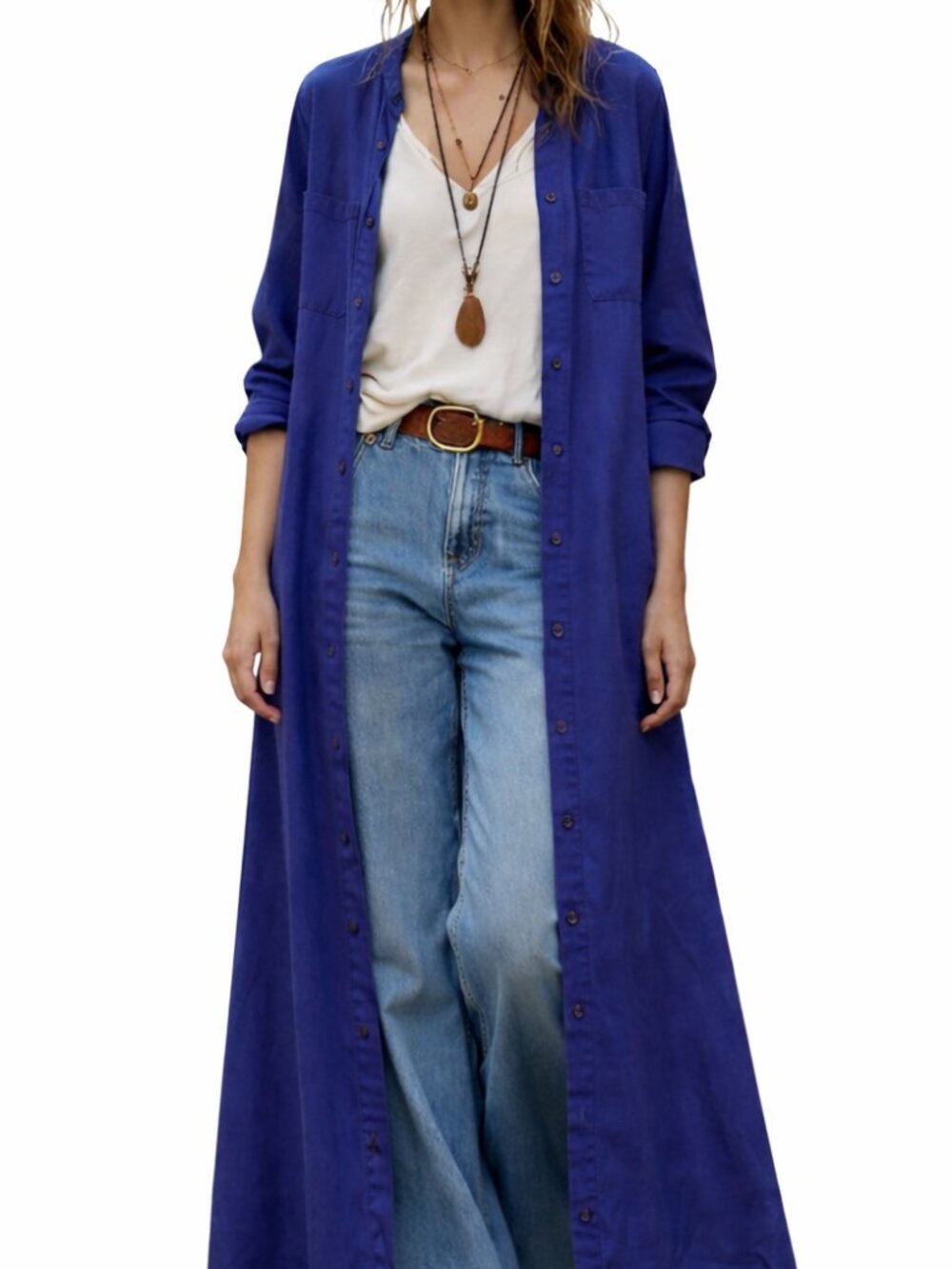Cobalt blue duster spring coat, denim look with contrast stitching